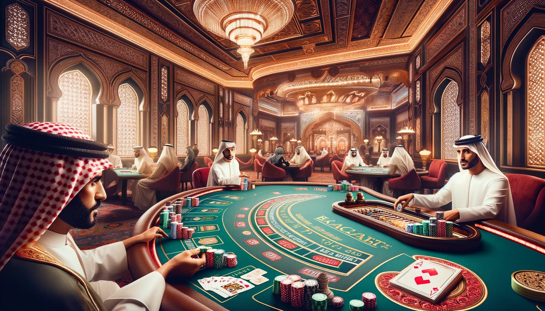 A card game of Baccarat in an Arabic casino setting. The scene includes a Baccarat table with cards and chips, players dressed in traditional Arabic a