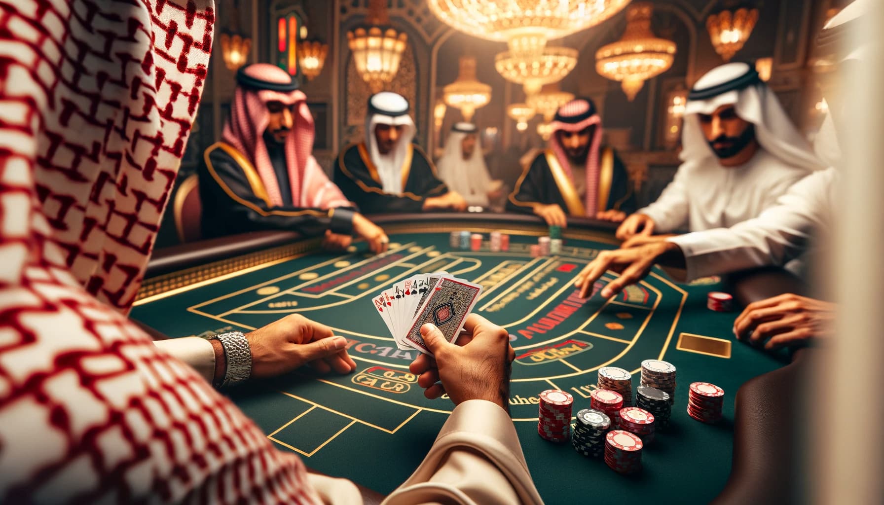 A close-up view of a Baccarat game in an Arabic casino, focusing on the hands of players holding cards and placing bets, with a glimpse of the luxurio