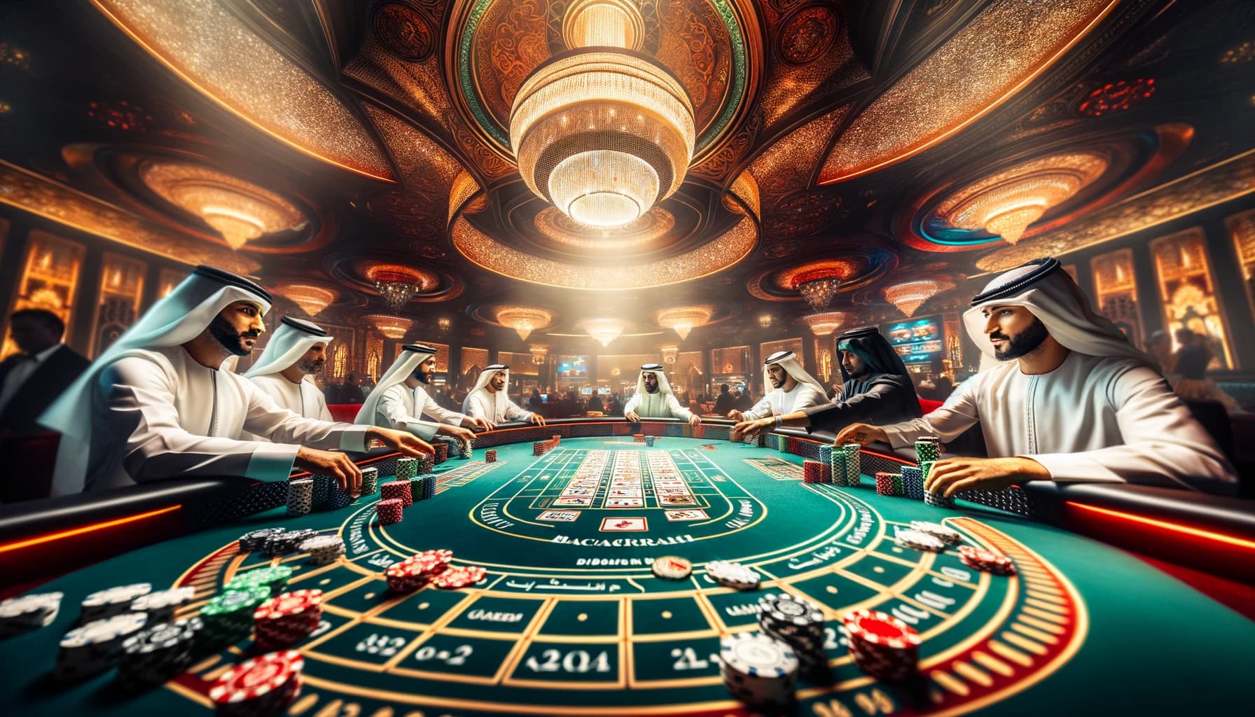 A dynamic view of a Baccarat card game in an Arabic casino from a different angle. The image should show a different perspective of the Baccarat table